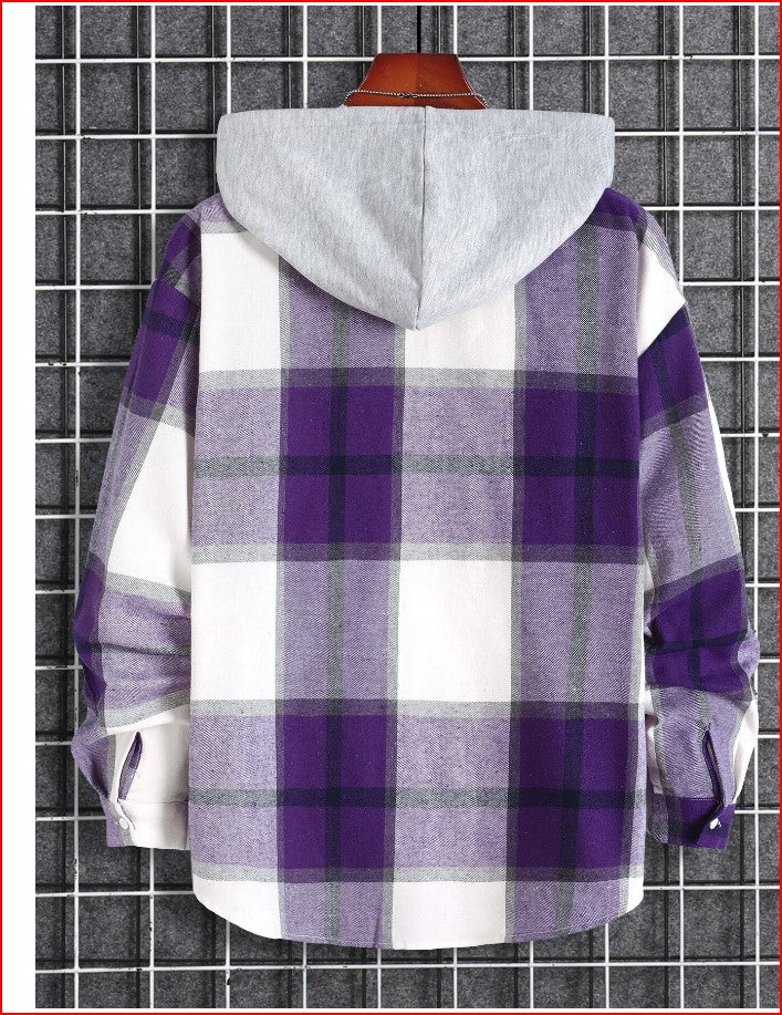 Men Plaid Dual Pocket Drawstring Hooded Shirt