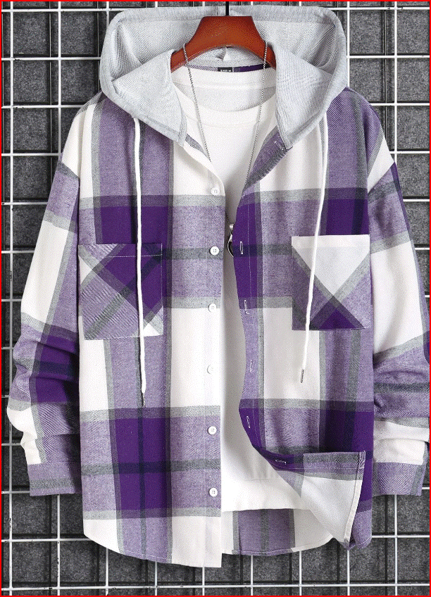 Men Plaid Dual Pocket Drawstring Hooded Shirt