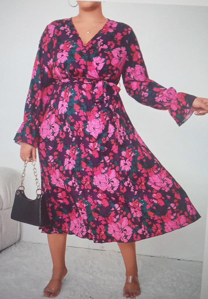 Floral Print Flounce Sleeve Belted Dress
