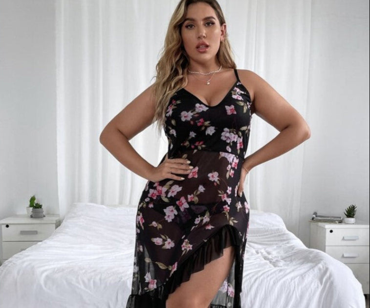 Plus Floral Print Ruffle Slips with Panty