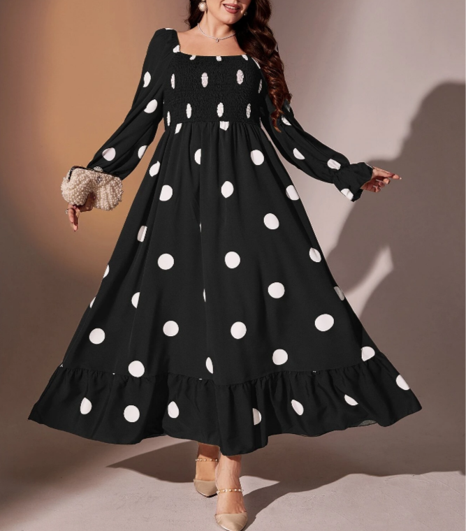 Plus Polka Dot Flounce Ruffle Hem Dress
