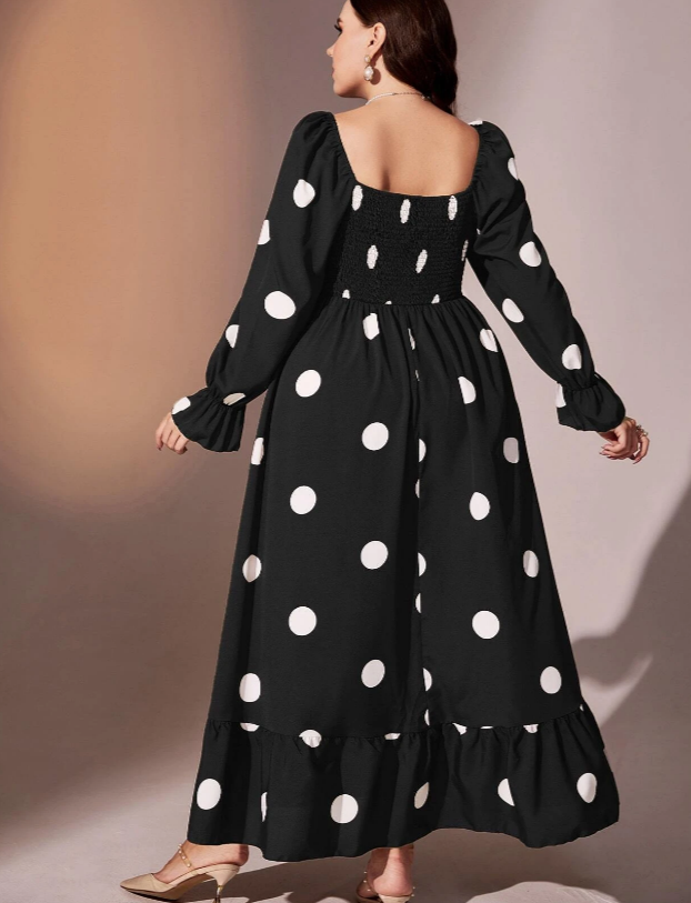 Plus Polka Dot Flounce Ruffle Hem Dress