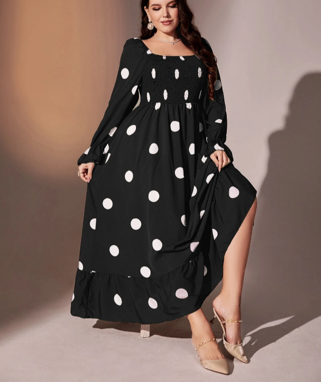 Plus Polka Dot Flounce Ruffle Hem Dress