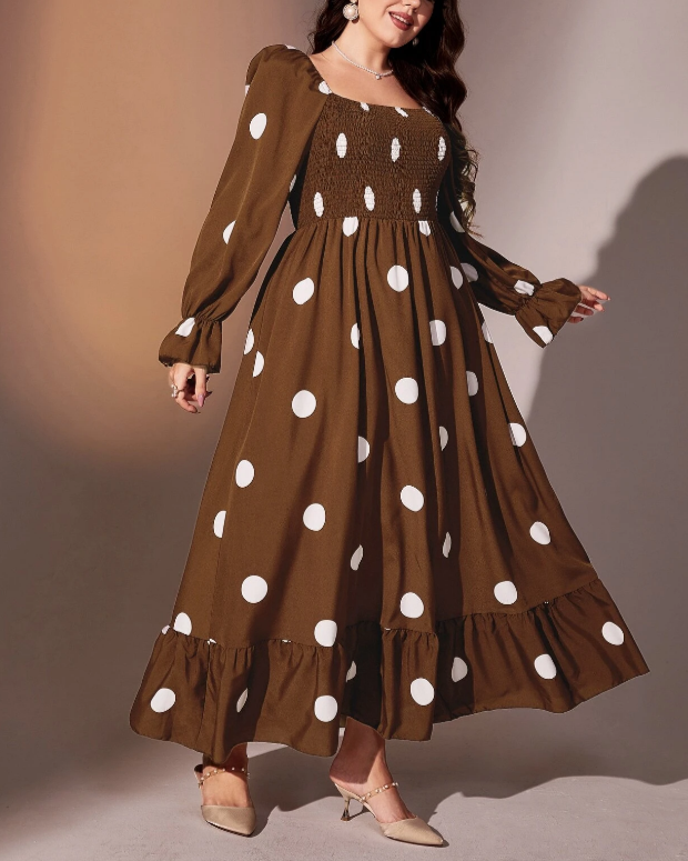 Plus Polka Dot Flounce Ruffle Hem Dress