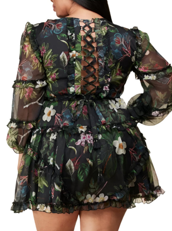 Ruffle Floral Back Lace Up Mini Dress
