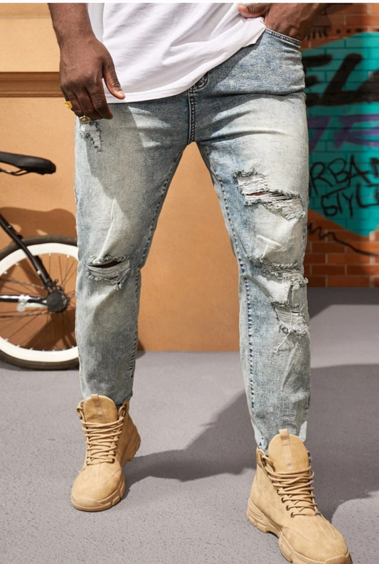 Men Cotton Ripped Slim Straight Jeans