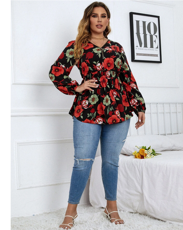 Mangas Rojas Con Estampado Floral Plus