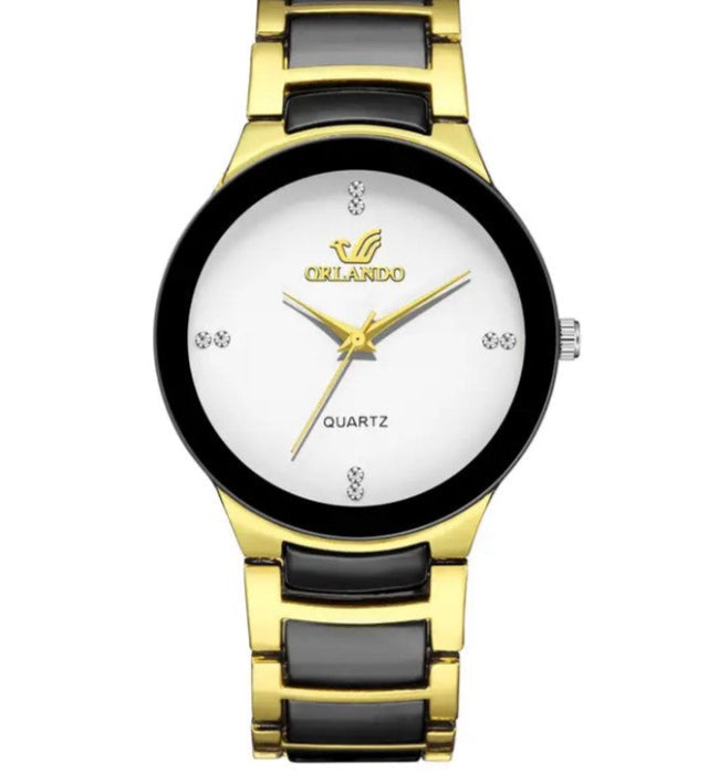 Men's British Style Golden Steel Strap Pointer Plated Diamond Quartz Watch