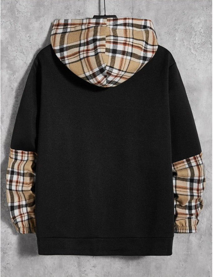 Extended Sizes Men Plaid Kangaroo Pocket Hoodie