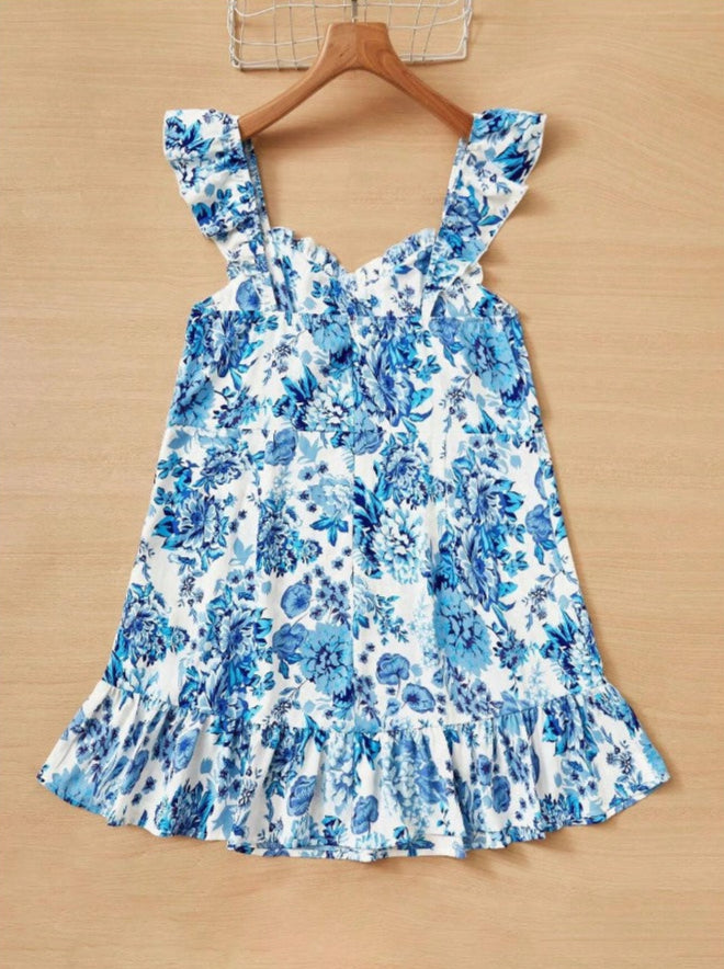 Plus Floral Print Ruffle Trim Ruched Bust Dress