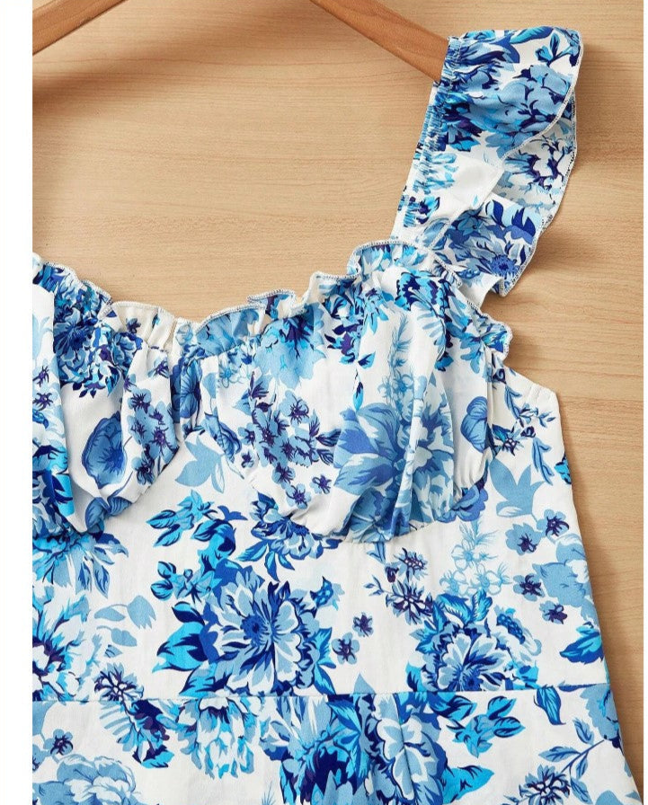 Plus Floral Print Ruffle Trim Ruched Bust Dress