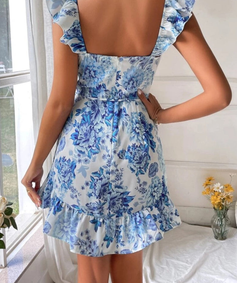 Plus Floral Print Ruffle Trim Ruched Bust Dress