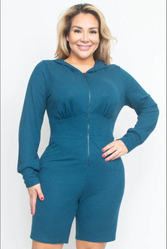 Plus Size Long Sleeve Zip Front Midi Shorts Romper With Hoodie
