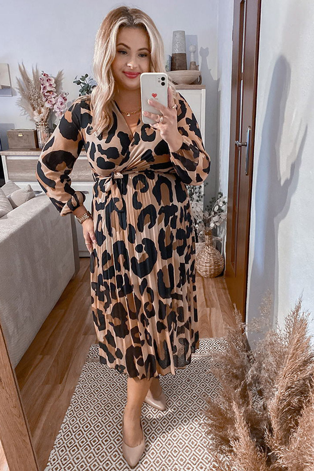 Plus Size Leopard V Neck Wrap Pleated Dress
