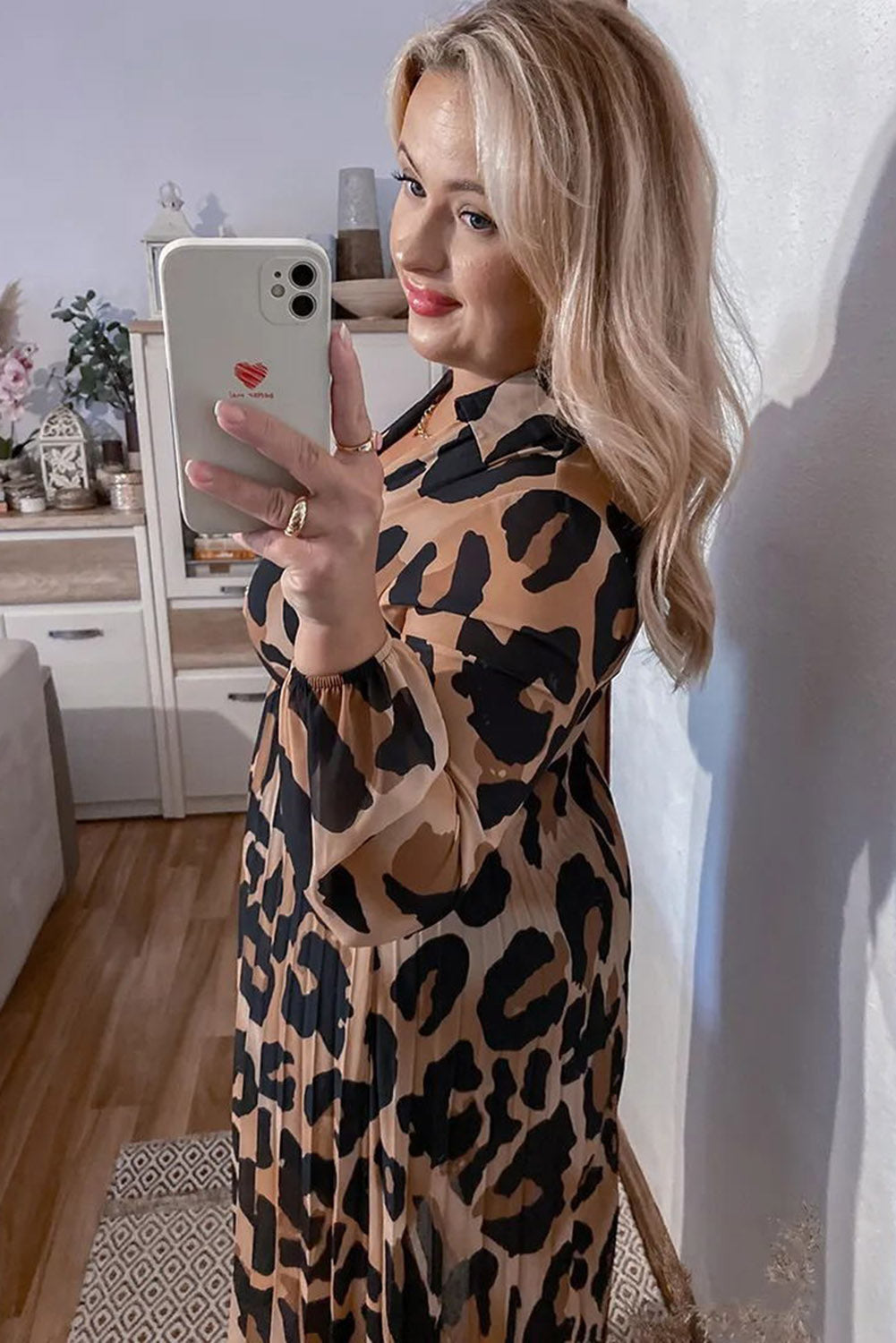 Plus Size Leopard V Neck Wrap Pleated Dress