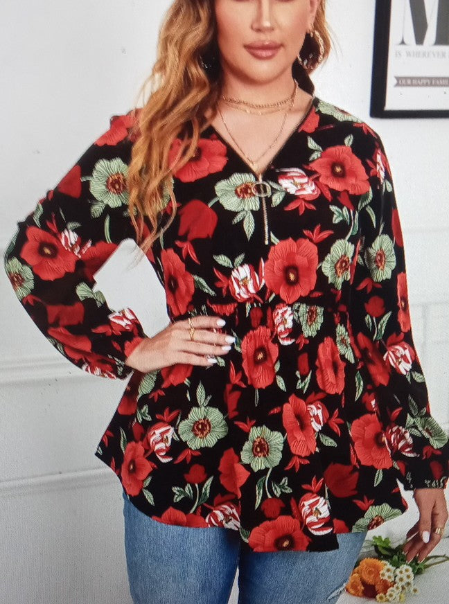 Mangas Rojas Con Estampado Floral Plus
