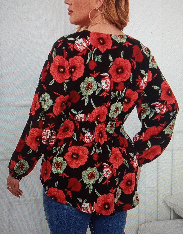 Mangas Rojas Con Estampado Floral Plus