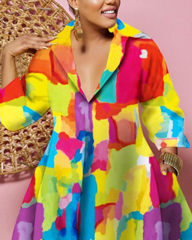 Plus Size Allover Print Flowy Shirt Dress