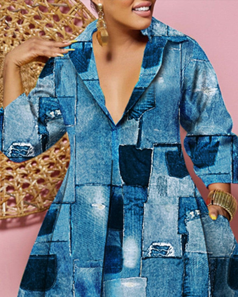 Plus Size Denim Look Print Flowy Shirt Dress