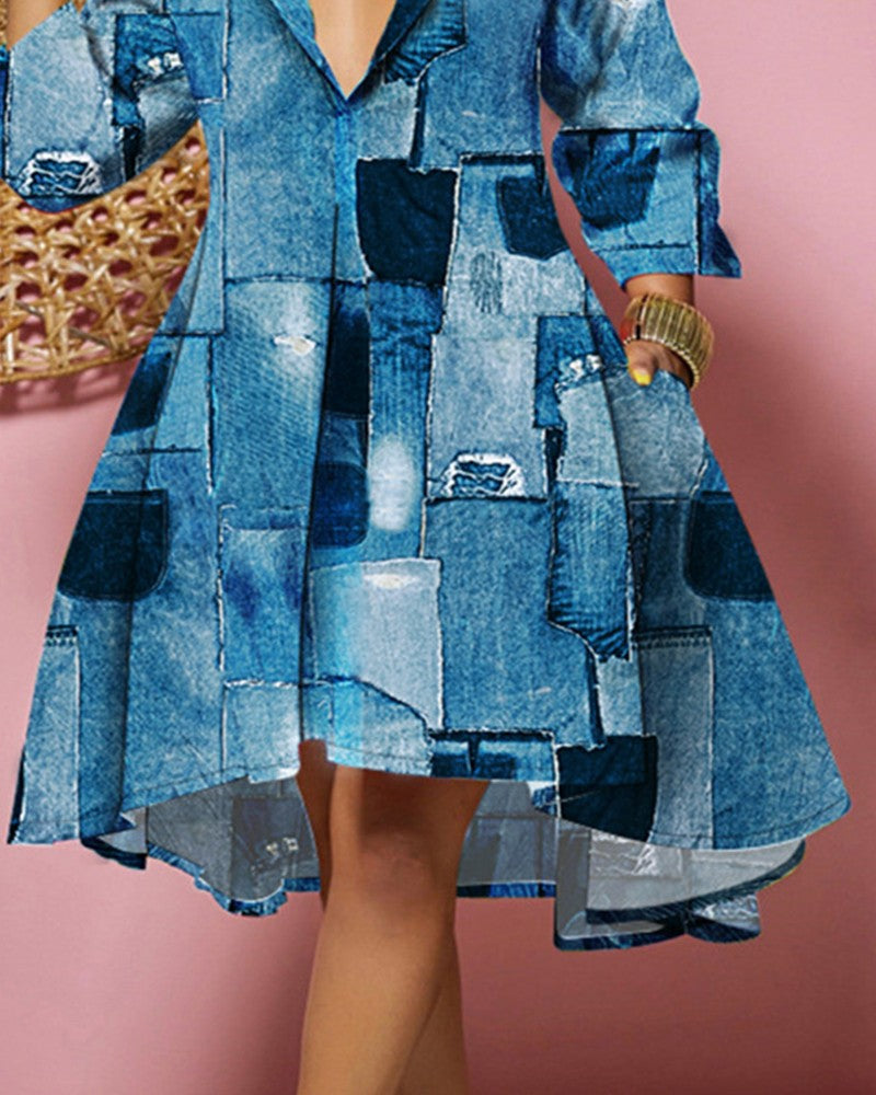 Plus Size Denim Look Print Flowy Shirt Dress