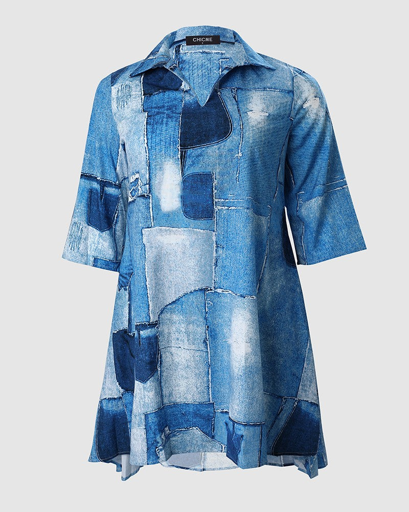 Plus Size Denim Look Print Flowy Shirt Dress