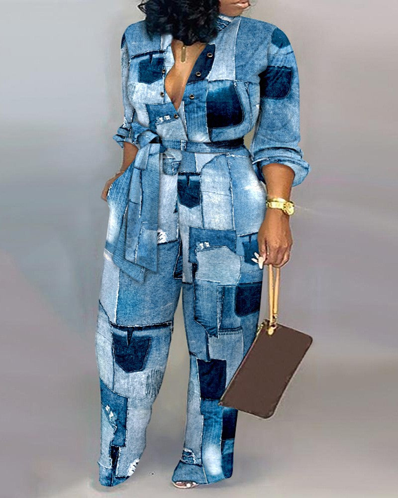 Plus Size Denim Look Print Long Sleeve Belted Jumpsuit