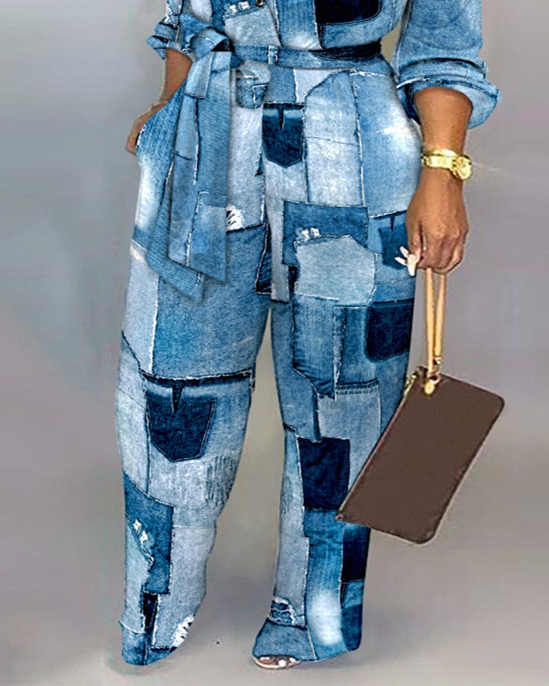 Plus Size Denim Look Print Long Sleeve Belted Jumpsuit