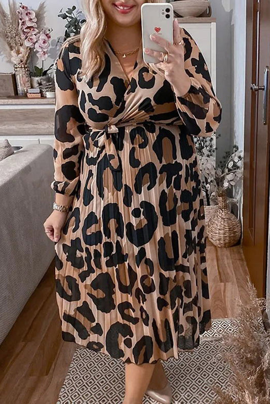 Plus Size Leopard V Neck Wrap Pleated Dress